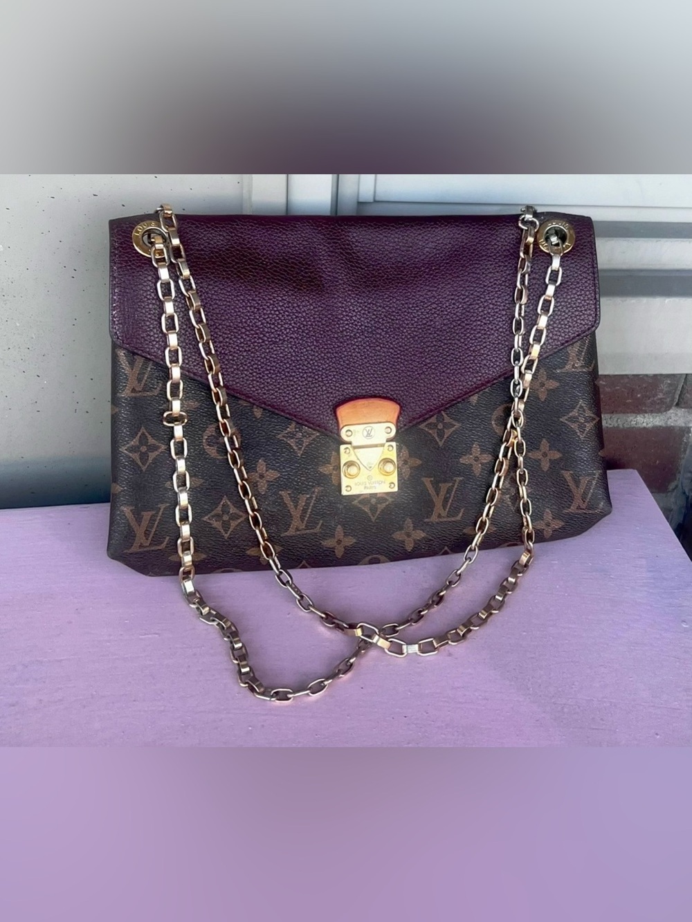 Louis Vuitton Monogram Shoulder Bag with Burgundy Flap and Gold Hardware